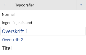 menuen Word til Android overskriftstypografier
