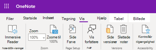 Zoomkontrolelementerne i appen OneNote på internettet.