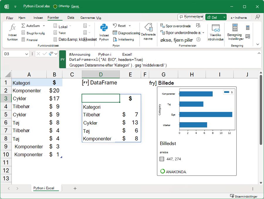 En Excel-projektmappe, der bruger Python til at analysere data.
