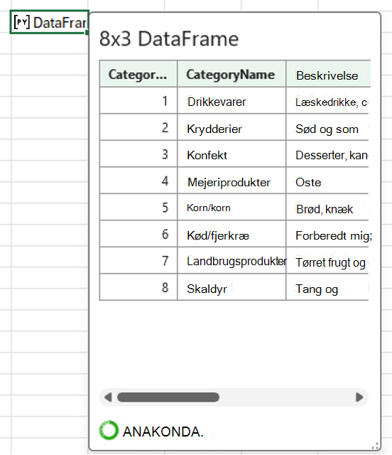 Et åbent Python-kort i Excel-dataramme, der viser kategoridata.