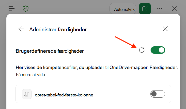 Skærmbillede af Copilot i dialogboksen Brugerdefinerede færdigheder i Copilot i Excel med knappen Opdater fremhævet.