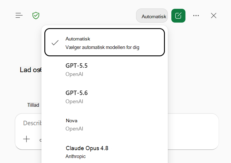 Skærmbillede af menuen Copilot i Excel-modelvælger, hvor Automatisk er valgt.