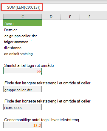 Tæl det samlede antal tegn i et område, og andre matrixer til at arbejde med tekststrenge