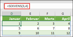 Oprette en matrixkonstant med 3 rækker og 4 kolonner med =SEKVENS(3,4)