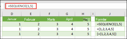 Opret en vandret matrixkonstant med =SEKVENS(1,5) eller ={1,2,3,4,5}