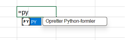 Angiv =PY i en celle for at aktivere Python.