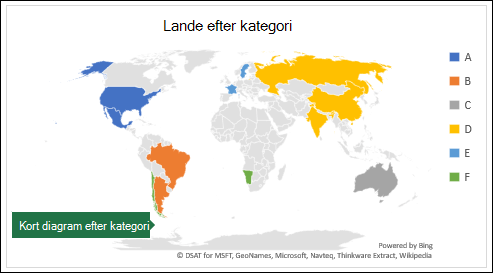 Excel-kortdiagram, der viser kategorier med lande efter kategori