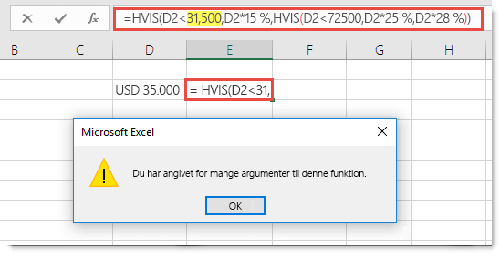 Excel-meddelelse, når du føjer komma til en værdi.