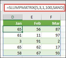 Funktionen SLUMPMATRIX med argumenterne Min, Maks & Heltal