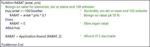 Eksempel på en VBA-funktion med kommentarer