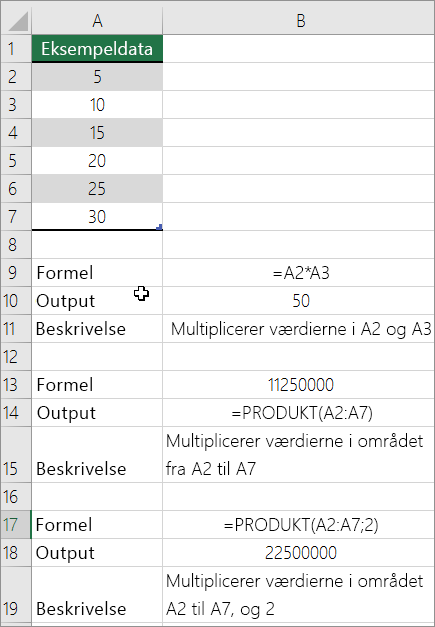 Multiplicer tal ved hjælp af funktionen PRODUKT