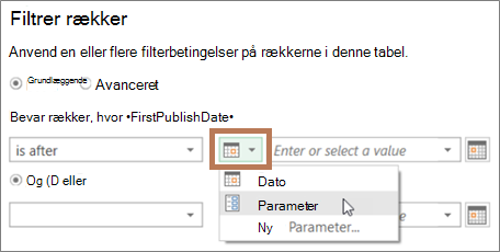 Angive en parameter i dialogboksen Filtrer