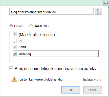 udvide den strukturerede tabel til forespørgselstabellen