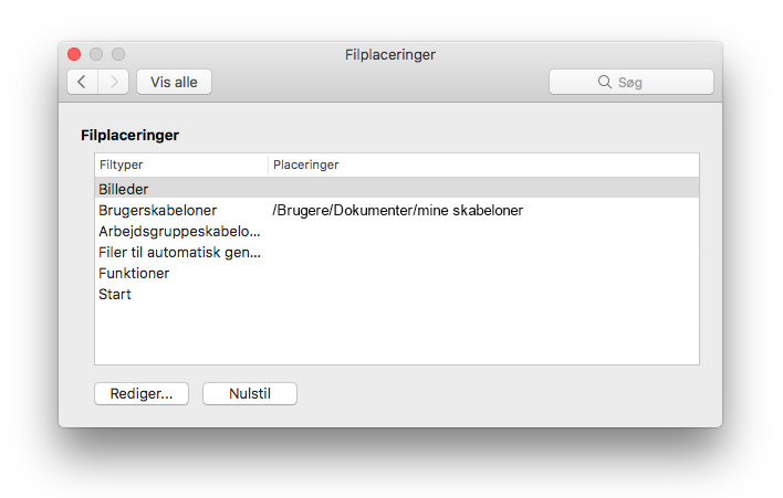 skærmbillede af panelet Filplaceringer fra Microsoft Word
