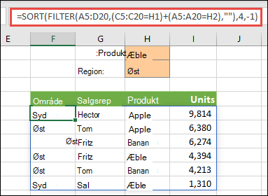 FILTRER og SORTER sammen – Filtrer efter produkt (Æbler) ELLER efter område (Øst)