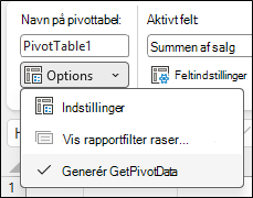 Skærmbillede af menuen Indstillinger for pivottabel i Excel. Den øverste sektion viser Pivottabelnavn: Pivottabel1. Nedenfor vises en rullemenu med navnet Indstillinger, der viser tre elementer: Indstillinger, en nedtonet Vis rapportfiltersider..., og en markeret indstilling Opret GetPivotData.