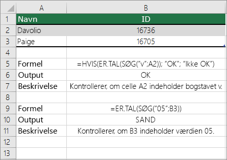 Eksempler på HVIS, ER.TAL og SØG