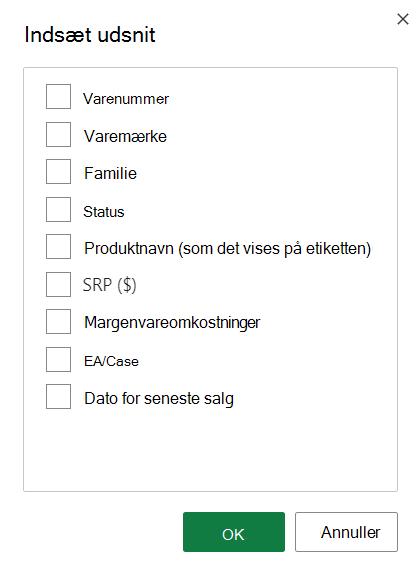 Skærmbillede af indstillingerne for Indsæt udsnitsværktøj.
