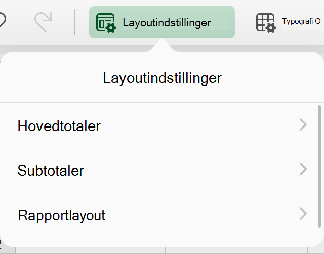 Rullemenuen Pivottabellayout på iPad.