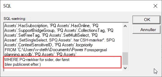SQL-visning af MS Query, der fremhæver WHERE-delsætningen