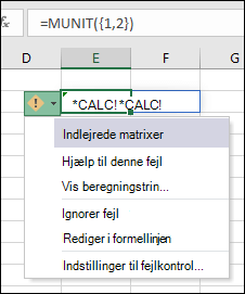 Indlejret matrix #CALC! Fejl