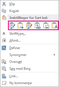 Gruppen af fem knapper til indstillinger for indsætning af Excel-diagrammer i Word