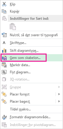 Skærmbillede, der viser kommandoen Gem som skabelon i genvejsmenuen.