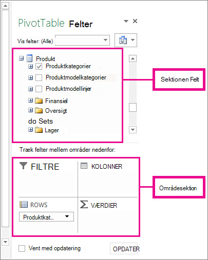 Feltliste, der viser eksterne datafelter