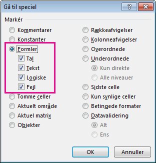 Indstillinger for at finde formler i feltet Gå til speciel