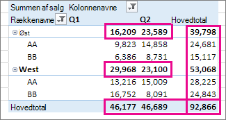 Hovedtotaler og subtotaler for pivottabel