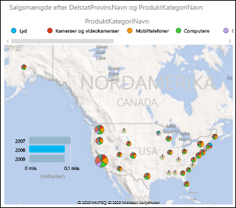 Power View-kort over USA med cirkeldiagrammer