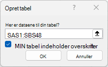 Vinduet Opret tabel