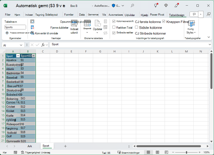 Navngive en tabel i Excel