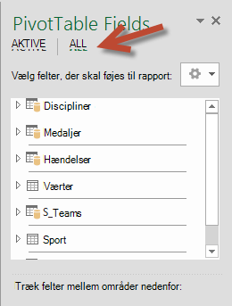 Klik på Alle i Pivottabelfelter for at få vist alle tilgængelige tabeller