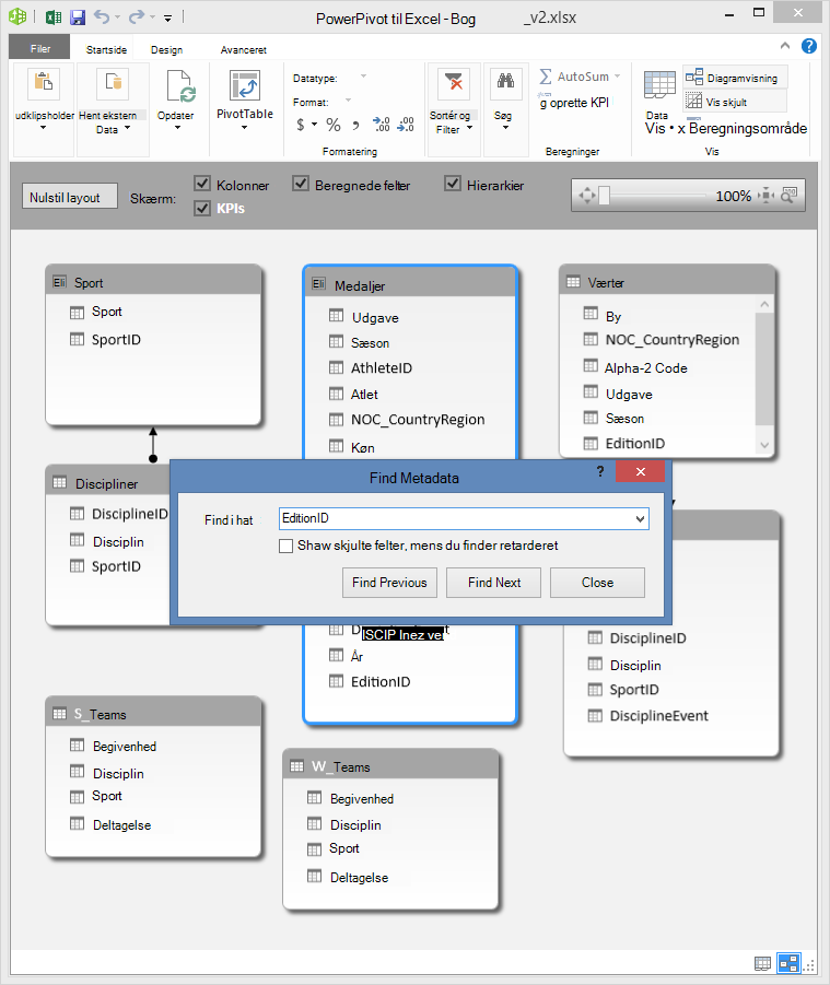 Sådan bruger du Søg i PowerPivot-diagramvisning
