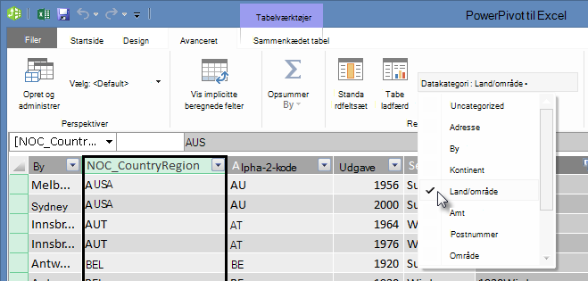 Datakategorier i PowerPivot