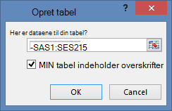 vinduet Opret tabel