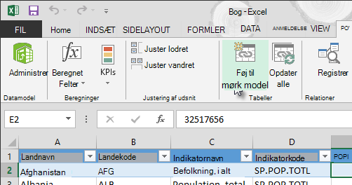 Tilføj nye data til datamodellen