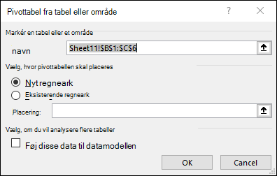 Pivottabel fra område eller tabel