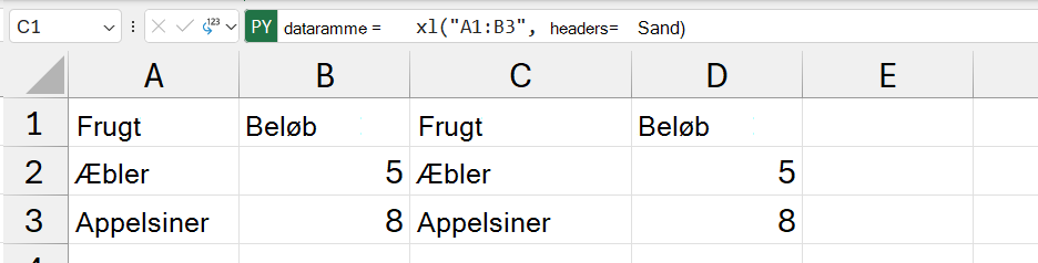 DataFrame-indholdet, der returneres som Excel-værdier.