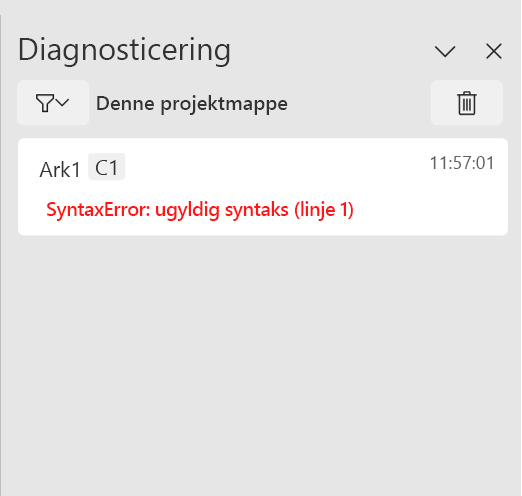 Opgaverude Diagnosticering for Python i Excel, der viser en syntaksfejl.