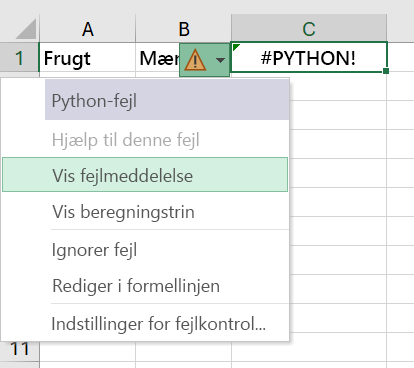 En fejl i en Python i Excel-celle med fejlmenuen åben.