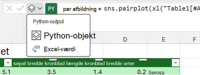 Brug Python-outputmenuen ud for formelbjælken til at ændre outputtypen.