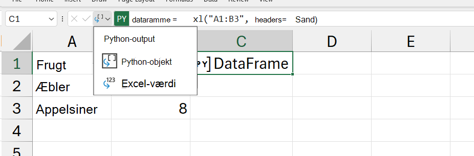 Den åbne Python-outputmenu i Excel.