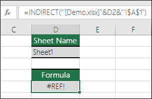 Eksempel på en #REF!-fejl, der skyldes indirekte henvisning til en lukket projektmappe.