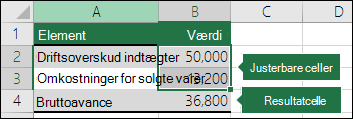 Scenarie – Konfiguration af et scenarie med cellerne Skifter og Resultat