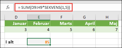 Brug matrixkonstanter i formler. I dette eksempel brugte vi =SUM(D9:H(*SEKVENS(1,5))