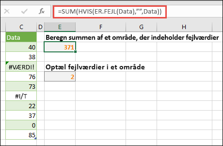 Brug matrixer til at håndtere fejl. F.eks. vil =SUM(HVIS(ER.FEJL(Data),Data) summere området med navnet Data, selvom det indeholder fejl, f.eks. #VALUE! eller #NA!.