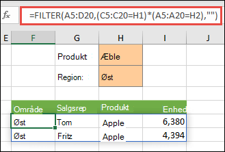 Brug FILTRER sammen med multiplikationsoperatoren (*) for at returnere alle værdier i vores matrixområde (A5:D20), der har æbler OG er i området Øst.