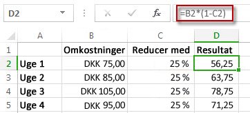 Resultater i procent i kolonne D